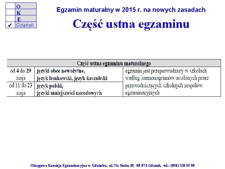 O K E Egzamin maturalny w 2015 r. na nowych zasadach Gdańsk Część ustna