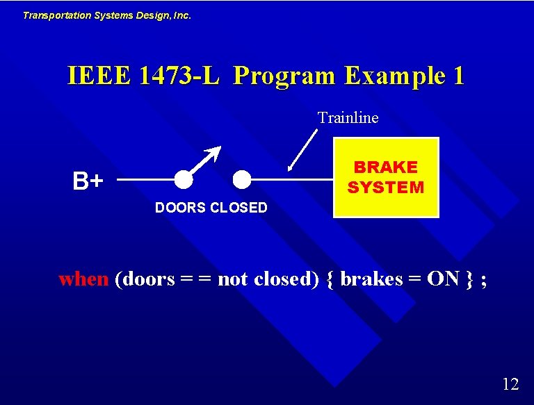 Transportation Systems Design, Inc. IEEE 1473 -L Program Example 1 Trainline BRAKE SYSTEM B+ Transportation Systems Design, Inc. IEEE 1473 -L Program Example 1 Trainline BRAKE SYSTEM B+