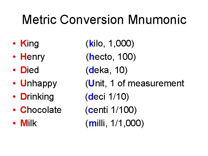 Metric Conversion Mnumonic • • King Henry Died Unhappy Drinking Chocolate Milk (kilo, 1, Metric Conversion Mnumonic • • King Henry Died Unhappy Drinking Chocolate Milk (kilo, 1,