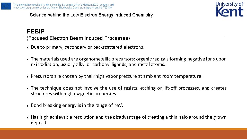 Science behind the Low Electron Energy Induced Chemistry FEBIP (Focused Electron Beam Induced Processes)