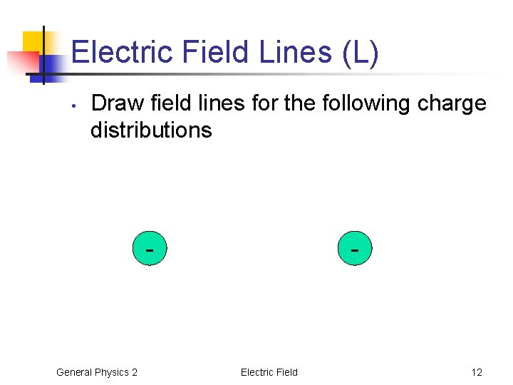 Electric Field Lines (L) • Draw field lines for the following charge distributions -