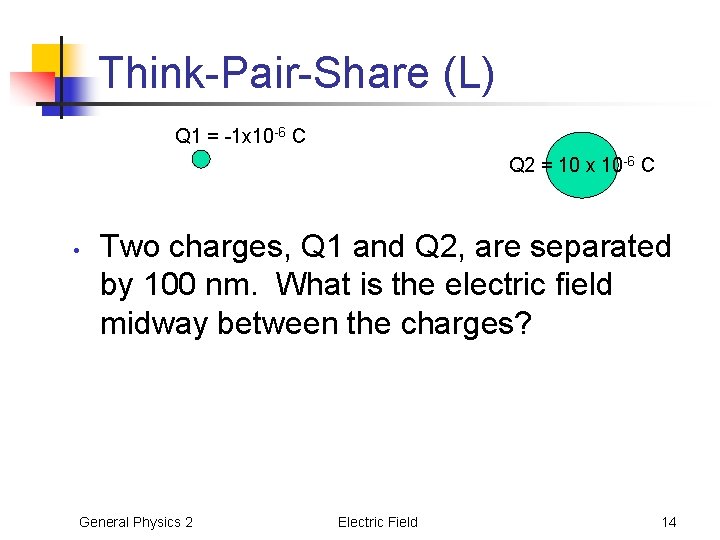 Think-Pair-Share (L) Q 1 = -1 x 10 -6 C Q 2 = 10