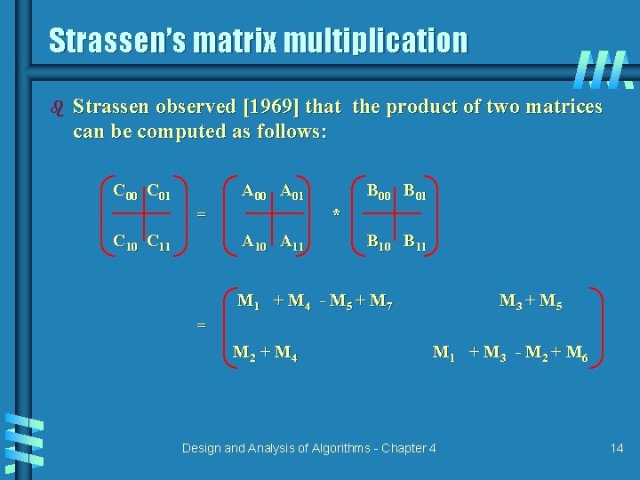 Strassen’s matrix multiplication b Strassen observed [1969] that the product of two matrices can