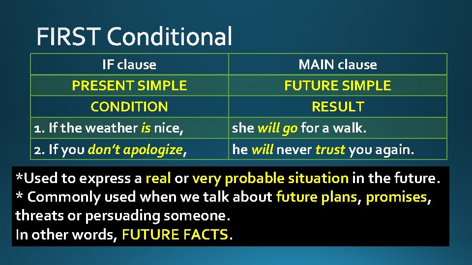 IF clause PRESENT SIMPLE CONDITION 1. If the weather is nice, 2. If you