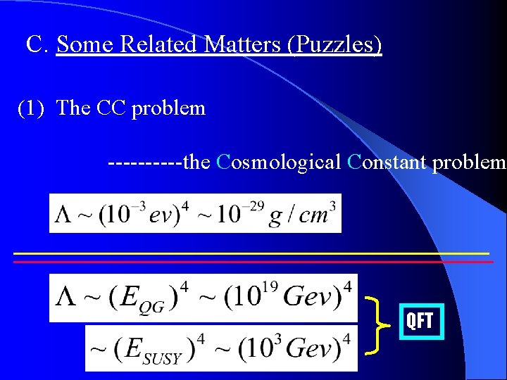 C. Some Related Matters (Puzzles) (1) The CC problem -----the Cosmological Constant problem QFT
