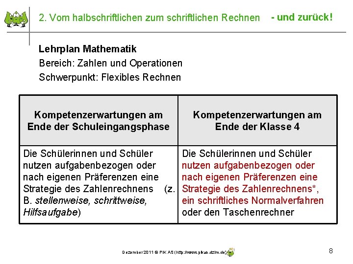 2. Vom halbschriftlichen zum schriftlichen Rechnen - und zurück! Lehrplan Mathematik Bereich: Zahlen und