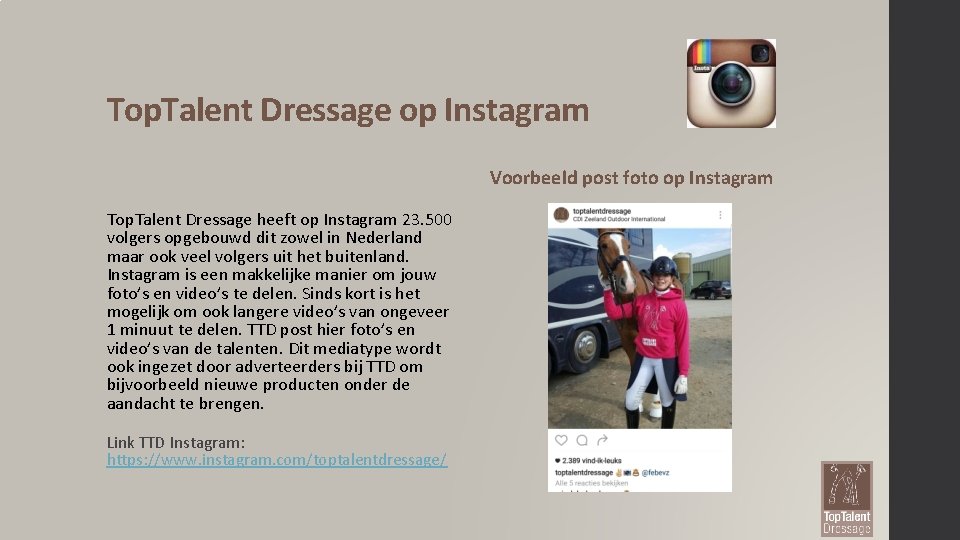 Top. Talent Dressage op Instagram Voorbeeld post foto op Instagram Top. Talent Dressage heeft
