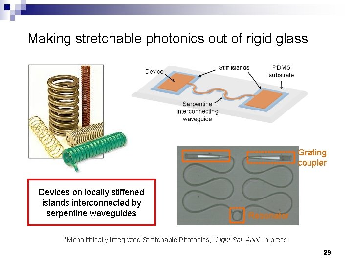 Making stretchable photonics out of rigid glass Grating coupler Devices on locally stiffened islands