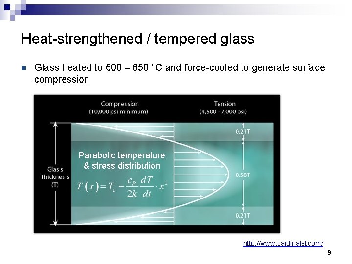 Heat-strengthened / tempered glass n Glass heated to 600 – 650 °C and force-cooled