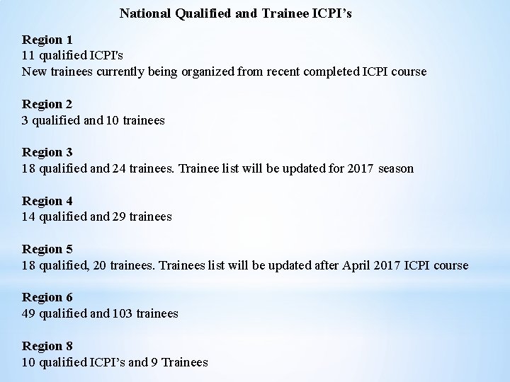 National Qualified and Trainee ICPI’s Region 1 11 qualified ICPI's New trainees currently being