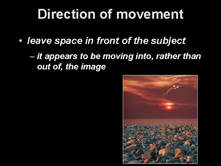 Direction of movement • leave space in front of the subject – it appears