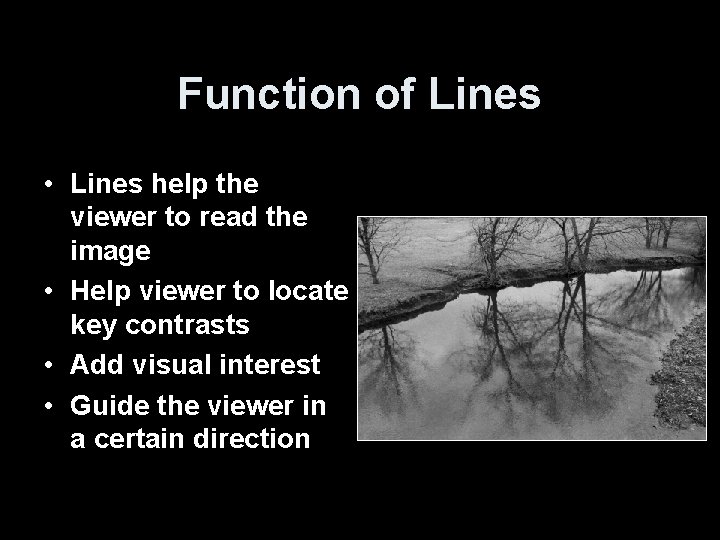 Function of Lines • Lines help the viewer to read the image • Help