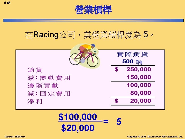 6 -66 營業槓桿 在Racing公司，其營業槓桿度為 5。 $100, 000 = 5 $20, 000 Mc. Graw-Hill/Irwin Copyright