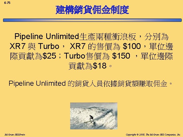 6 -75 建構銷貨佣金制度 Pipeline Unlimited生產兩種衝浪板，分別為 XR 7 與 Turbo， XR 7 的售價為 $100，單位邊 際貢獻為$25；Turbo售價為