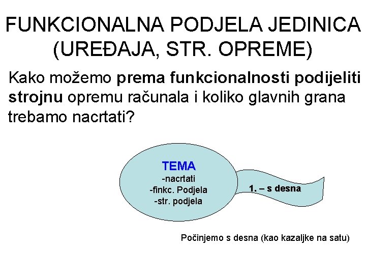 FUNKCIONALNA PODJELA JEDINICA (UREĐAJA, STR. OPREME) Kako možemo prema funkcionalnosti podijeliti strojnu opremu računala