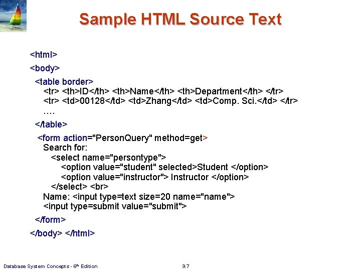 Sample HTML Source Text <html> <body> <table border> <th>ID</th> <th>Name</th> <th>Department</th> </tr> <td>00128</td> <td>Zhang</td>