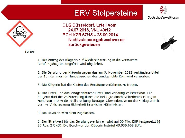 ERV Stolpersteine OLG Düsseldorf, Urteil vom 24. 07. 2013, VI-U 48/12 BGH KZR 57/13