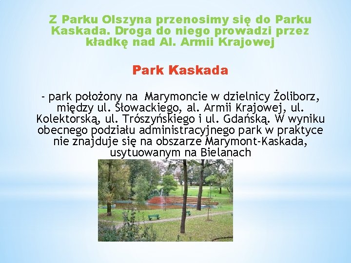 Z Parku Olszyna przenosimy się do Parku Kaskada. Droga do niego prowadzi przez kładkę
