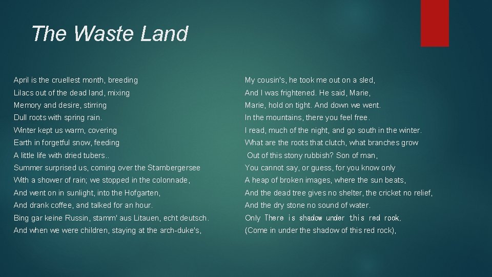 The Waste Land April is the cruellest month, breeding My cousin's, he took me