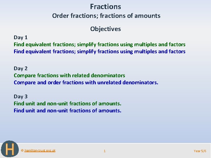 Fractions Order fractions; fractions of amounts Objectives Day 1 Find equivalent fractions; simplify fractions