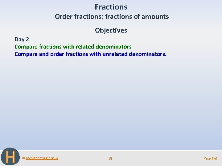 Fractions Order fractions; fractions of amounts Objectives Day 2 Compare fractions with related denominators