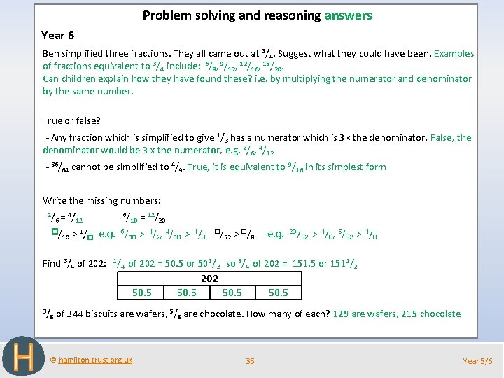 Problem solving and reasoning answers Year 6 Ben simplified three fractions. They all came