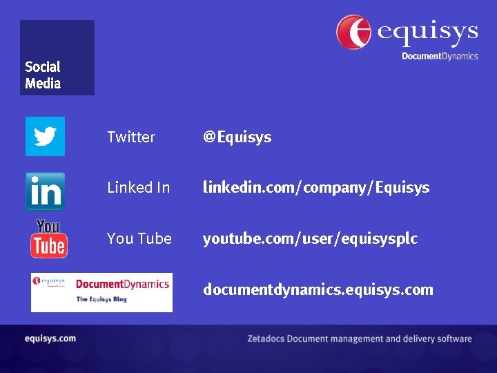 Twitter @Equisys Linked In linkedin. com/company/Equisys You Tube youtube. com/user/equisysplc documentdynamics. equisys. com Twitter @Equisys Linked In linkedin. com/company/Equisys You Tube youtube. com/user/equisysplc documentdynamics. equisys. com
