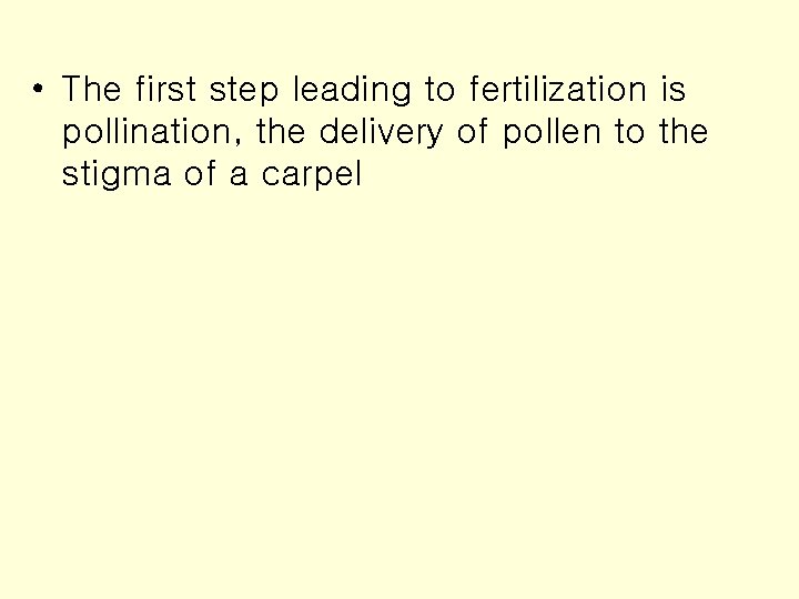  • The first step leading to fertilization is pollination, the delivery of pollen