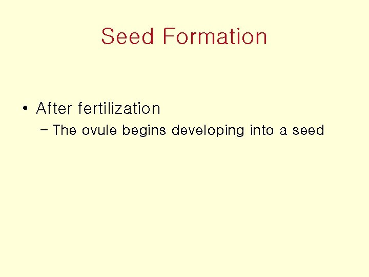 Seed Formation • After fertilization – The ovule begins developing into a seed 