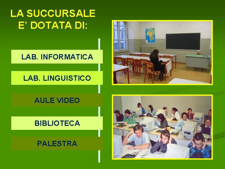 LA SUCCURSALE E’ DOTATA DI: LAB. INFORMATICA LAB. LINGUISTICO AULE VIDEO BIBLIOTECA PALESTRA 