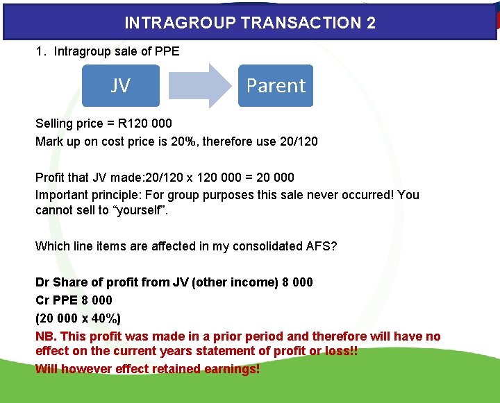 INTRAGROUP TRANSACTION 2 1. Intragroup sale of PPE JV Parent Selling price = R