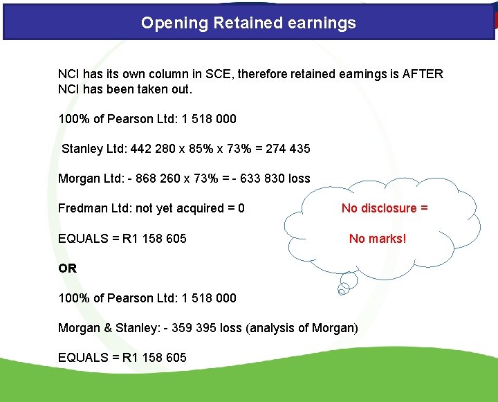 Opening Retained earnings NCI has its own column in SCE, therefore retained earnings is