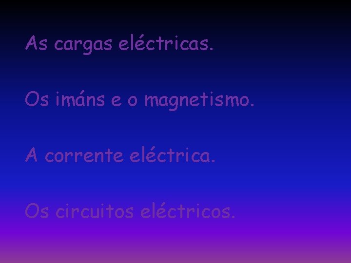 As cargas eléctricas. Os imáns e o magnetismo. A corrente eléctrica. Os circuitos eléctricos.