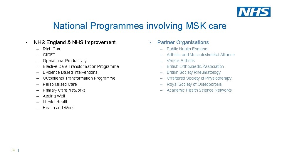 National Programmes involving MSK care • NHS England & NHS Improvement – – – National Programmes involving MSK care • NHS England & NHS Improvement – – –