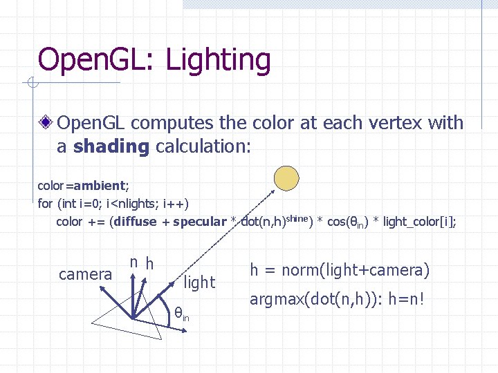 Open. GL: Lighting Open. GL computes the color at each vertex with a shading Open. GL: Lighting Open. GL computes the color at each vertex with a shading