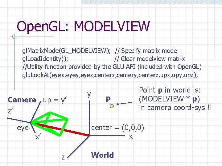 Open. GL: MODELVIEW gl. Matrix. Mode(GL_MODELVIEW); // Specify matrix mode gl. Load. Identity(); // Open. GL: MODELVIEW gl. Matrix. Mode(GL_MODELVIEW); // Specify matrix mode gl. Load. Identity(); //