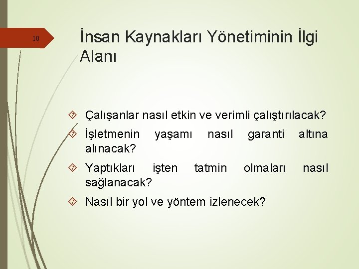 10 İnsan Kaynakları Yönetiminin İlgi Alanı Çalışanlar nasıl etkin ve verimli çalıştırılacak? İşletmenin alınacak?