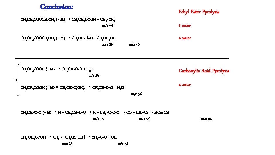 Conclusion: Ethyl Ester Pyrolysis CH 3 CH 2 COOCH 2 CH 3 (+ M) Conclusion: Ethyl Ester Pyrolysis CH 3 CH 2 COOCH 2 CH 3 (+ M)