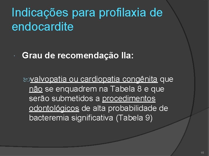 Indicações para profilaxia de endocardite Grau de recomendação IIa: valvopatia ou cardiopatia congênita que