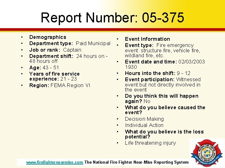 Report Number: 05 -375 • • Demographics Department type: Paid Municipal Job or rank: Report Number: 05 -375 • • Demographics Department type: Paid Municipal Job or rank:
