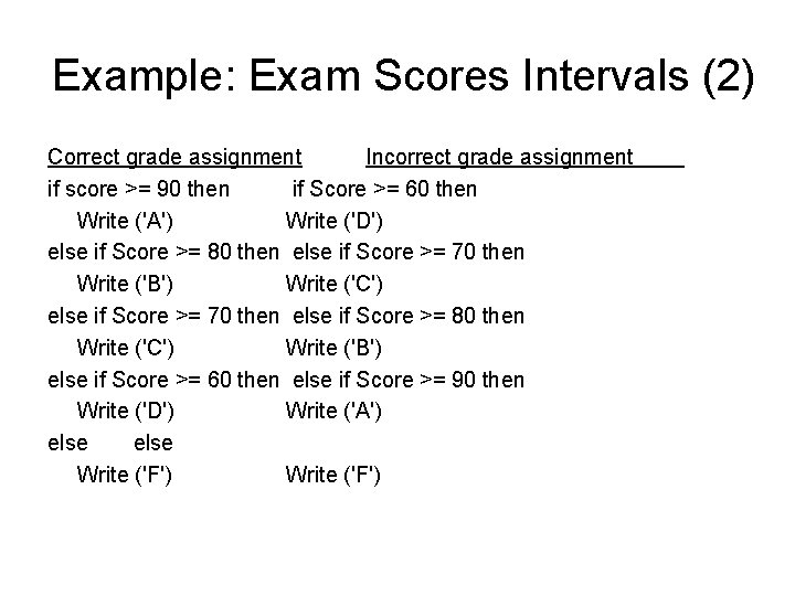 Example: Exam Scores Intervals (2) Correct grade assignment Incorrect grade assignment if score >= Example: Exam Scores Intervals (2) Correct grade assignment Incorrect grade assignment if score >=