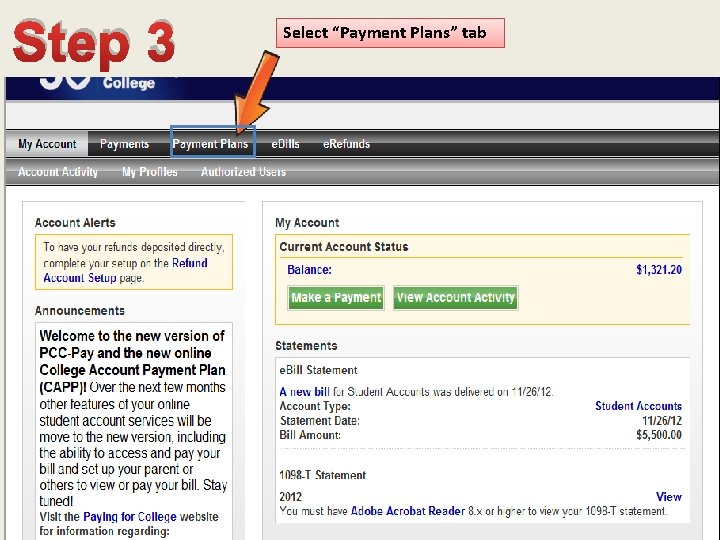 Step 3 Select “Payment Plans” tab 