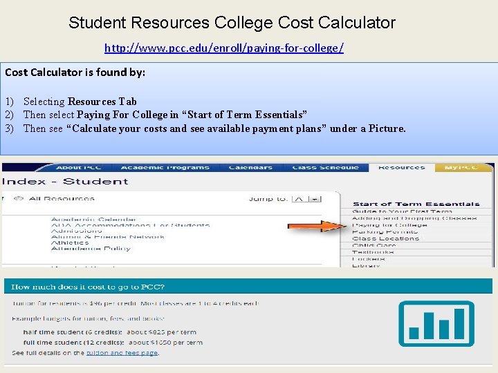 Student Resources College Cost Calculator http: //www. pcc. edu/enroll/paying-for-college/ Cost Calculator is found by: