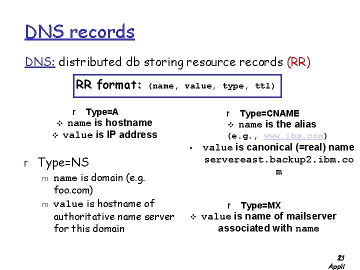 DNS records DNS: distributed db storing resource records (RR) RR format: r (name, value,