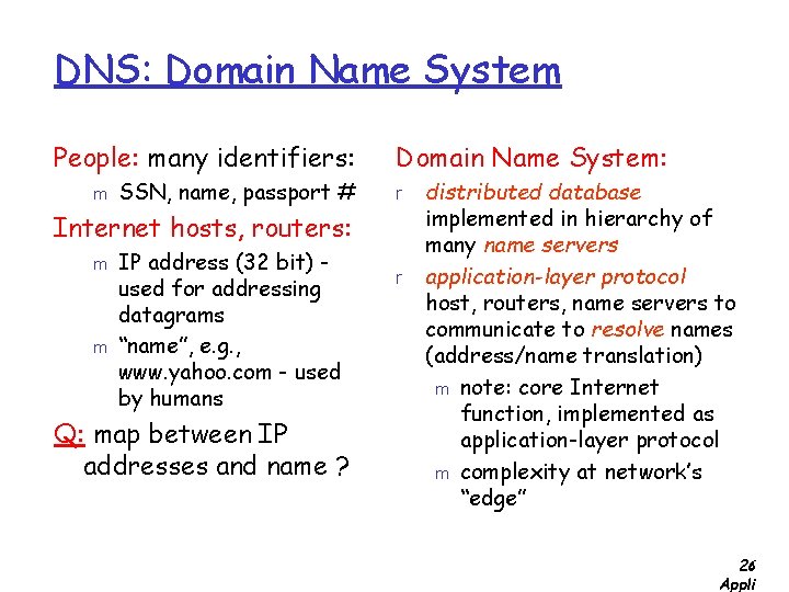 DNS: Domain Name System People: many identifiers: m SSN, name, passport # Domain Name