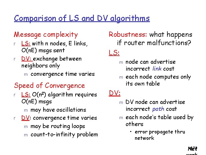 Comparison of LS and DV algorithms Message complexity r r LS: with n nodes,