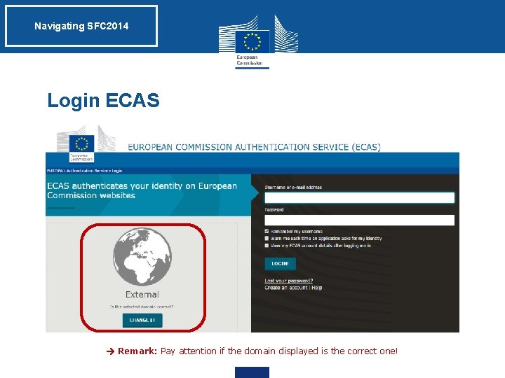 Navigating SFC 2014 Login ECAS Remark: Pay attention if the domain displayed is the