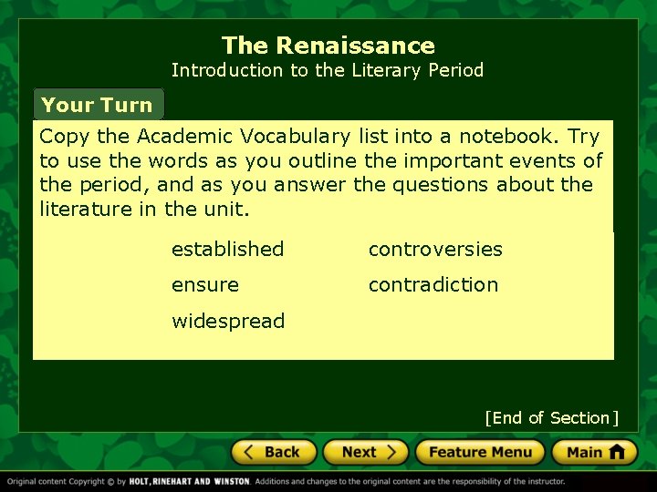 The Renaissance Introduction to the Literary Period Your Turn Copy the Academic Vocabulary list