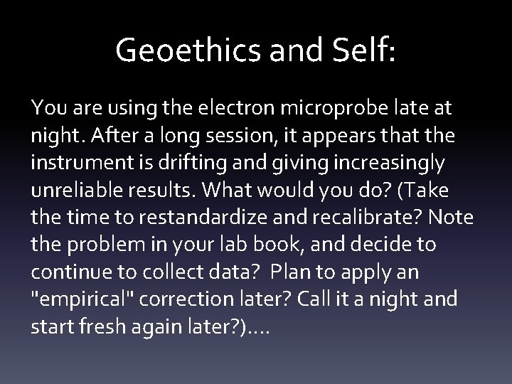 Geoethics and Self: You are using the electron microprobe late at night. After a