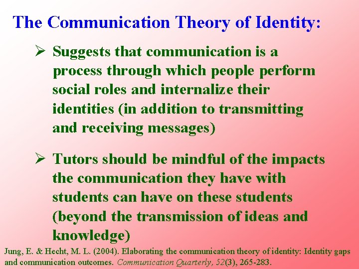 The Communication Theory of Identity: Ø Suggests that communication is a process through which